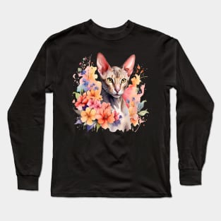 An oriental shorthair cat decorated with beautiful watercolor flowers Long Sleeve T-Shirt